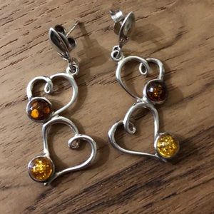 Sterling double heart amber earrings